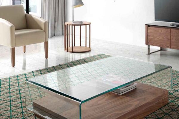 MESA DE CENTRO DE CRISTAL ESTRUCTURA MADERA NOGAL 7 - 527