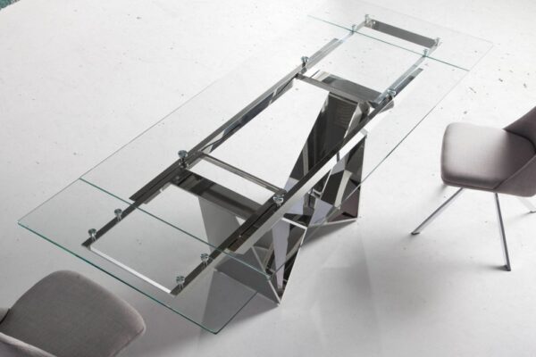 MESA EXTENSIBLE TAPA CRISTAL PIES ACERO INOXIDABLE CROMADO 38 - 527