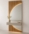 RECIBIDOR DE PARED CON ESPEJO LED Y CAJÓN EN ROBLE NATURAL – 90 CM