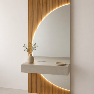 RECIBIDOR DE PARED CON ESPEJO LED Y CAJÓN EN ROBLE NATURAL – 90 CM