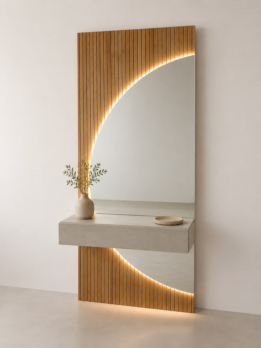RECIBIDOR DE PARED CON ESPEJO LED Y CAJÓN EN ROBLE NATURAL – 90 CM