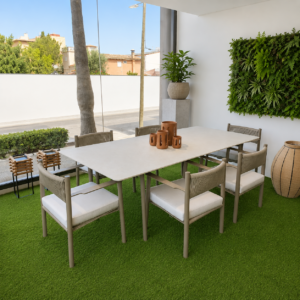 MESA EXTERIOR TAPA PORCELANICO + 6 SILLONES